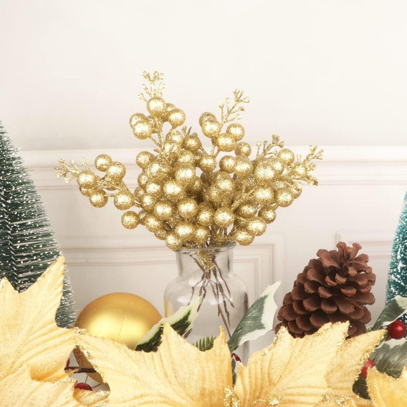 Meching 24 Pack Glitter Gold Berry Stems,7.5 Inch Christmas Sparking Gold Faux Winter Berry Sprigs,Artificial Berries Branches for Christmas Tree Garland Wreath Crafts Season Winter Home Decor - Image 5